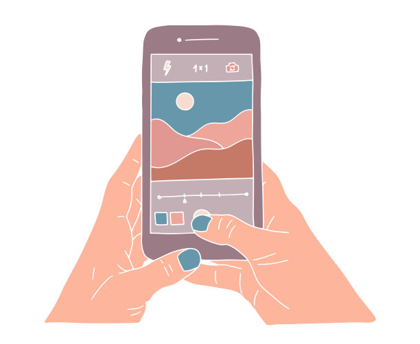 人手握智能手机，拍出美丽的自然风景照片。风景照片拍摄平面彩色卡通矢量插图。图片下载