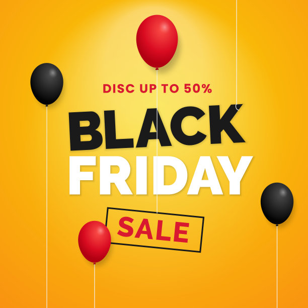 黑色星期五销售社交媒体排版海报与漂浮的红色和黑色气球在黄色工作室背景图片下载