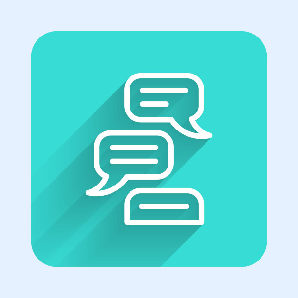 白线语音气泡聊天图标孤立与长阴影。消息图标。交流或评论聊天符号。绿色广场按钮。向量图片下载