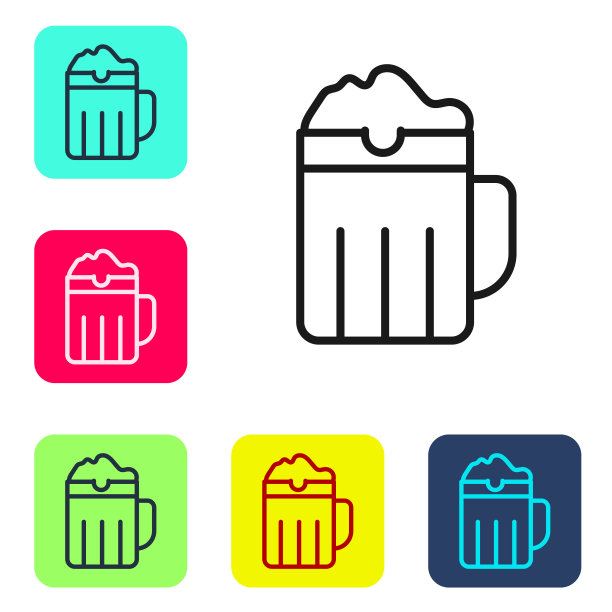 木制啤酒杯图标孤立在白色背景上。设置图标的颜色方形按钮。向量图片下载