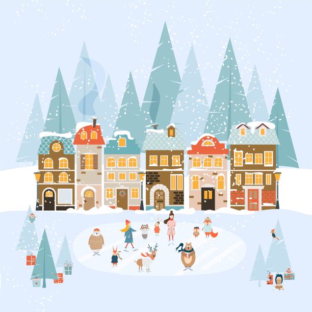 女孩和动物在溜冰场滑冰的寒假场景。矢量圣诞插图与城市景观在背景，动物，礼物图片下载