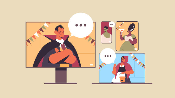 人们在视频通话中讨论万圣节快乐派对，冠状病毒隔离在线交流图片下载