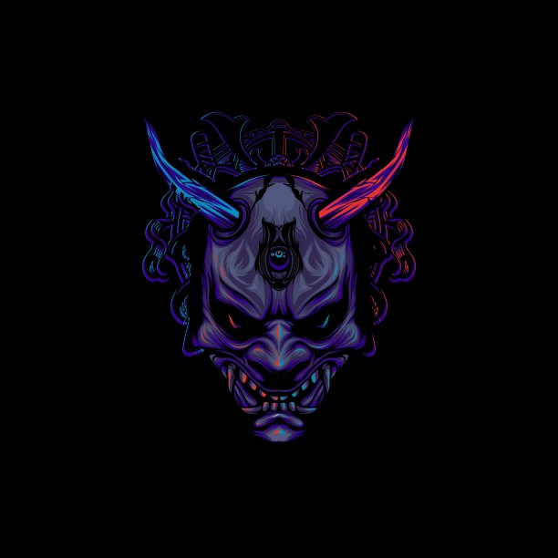 霓虹色日本鬼面具游戏吉祥物t恤设计插图图片下载