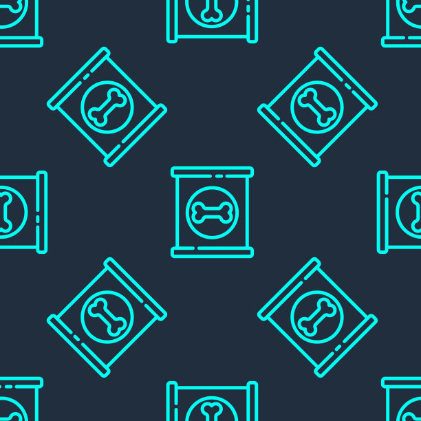 绿色线罐头食品图标孤立无缝模式在蓝色背景。动物的食物。宠物食品。狗骨头的迹象。向量图片下载