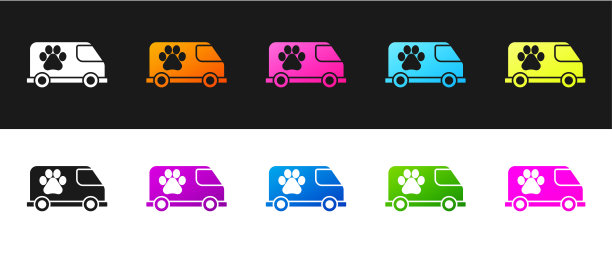 设置兽医救护车图标隔离在黑色和白色背景。兽医诊所的象征。向量图片下载