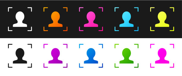 设置脸部识别图标隔离在黑色和白色背景。人脸识别扫描仪图标。面部id。网络安全的概念。向量图片下载