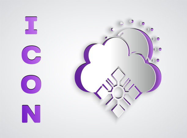 剪纸云与雪和太阳图标隔离在灰色背景。云与雪花。单一天气图标。下雪的迹象。纸艺术风格。向量图片下载