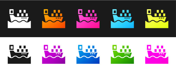 设置货船与箱子交付服务图标隔离在黑色和白色的背景。交货,运输。装载包裹、箱子、货物的货船。向量图片下载