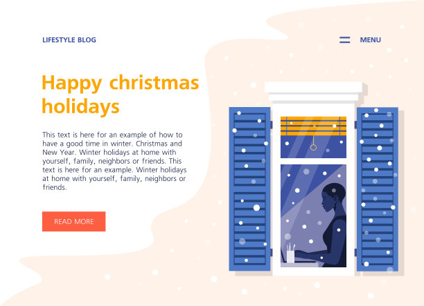 一个非洲妇女在窗外的房子里工作。社区。坐在桌旁的女商人。冬季降雪。登陆页面和网站模板。矢量图图片下载