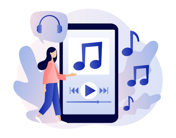 媒体播放器应用程序。音乐播放列表。小女孩用智能手机应用在线听音乐、声音、音频或广播。现代平面卡通风格。矢量插图上的白色背景图片下载