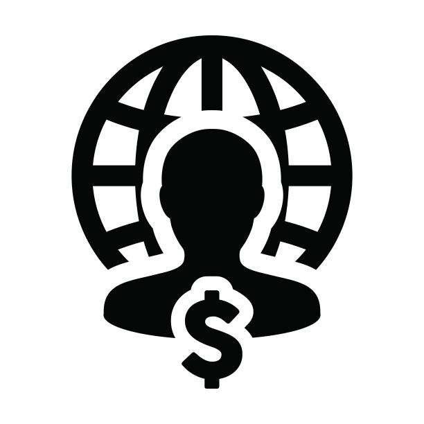 薪水图标矢量地球美元符号货币，带有男性人物档案头像符号，用于平面颜色字形象形图中的商业网络图片下载