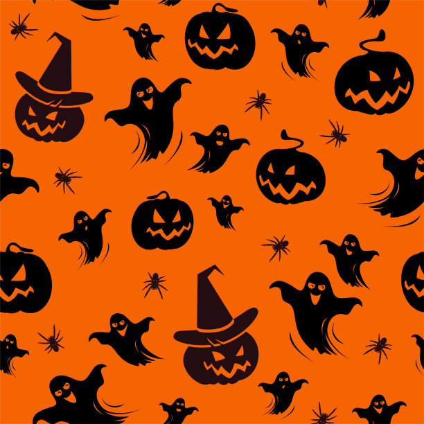 无缝图案-南瓜，幽灵，蜘蛛孤立在橙色的背景。万圣节的背景。图片下载