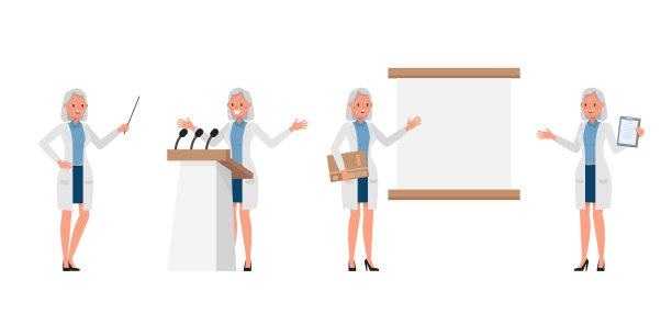 女科学家角色矢量设计。在各种动作中的表现。图片下载