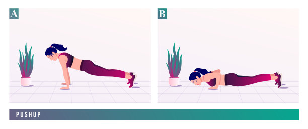 俯卧撑锻炼，女性健身，有氧和锻炼。矢量插图。图片下载