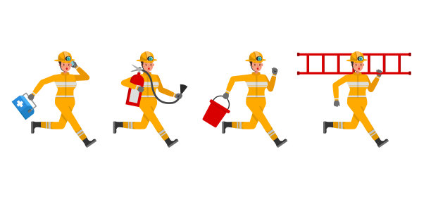 女消防员角色矢量设计。各种动作展示。素材图片