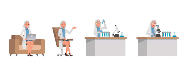 女科学家角色矢量设计。在各种动作中的表现。图片下载