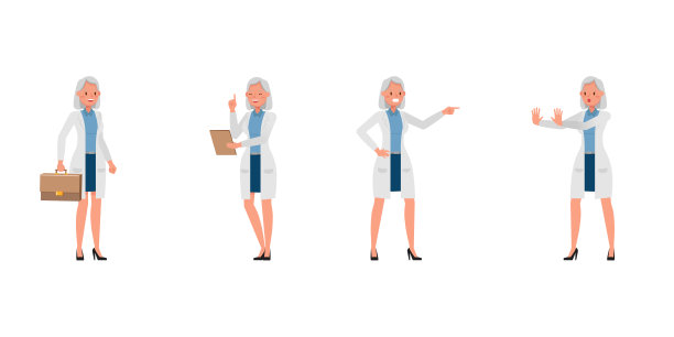 女科学家角色矢量设计。在各种动作中的表现。图片下载