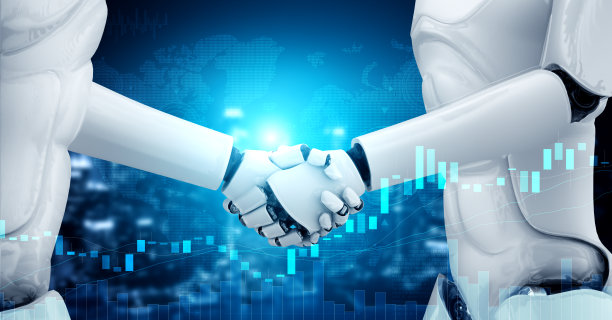 3D渲染人形机器人握手与股票市场交易图表图片下载