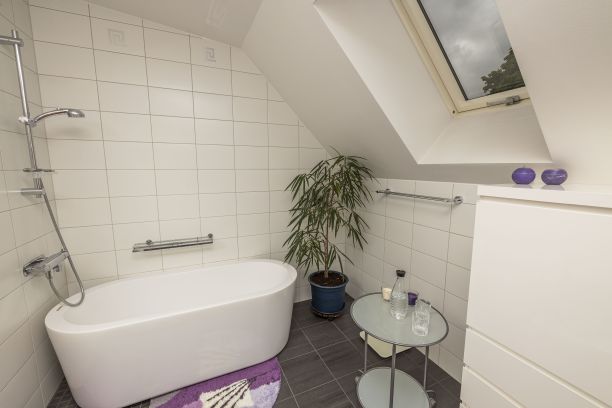 浴室内部的美丽景色。有花的屋顶窗户，咖啡桌和水瓶。图片下载