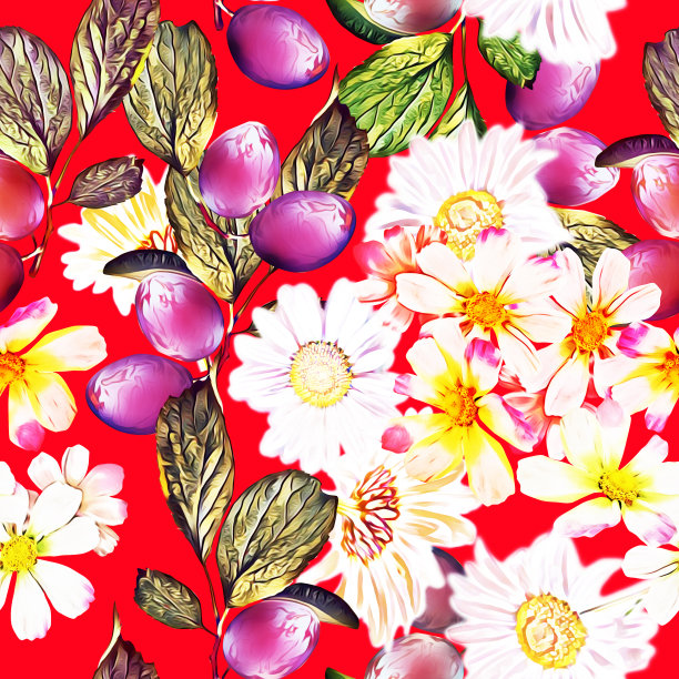 秋花，葡萄和甘菊，图案无缝。图片下载