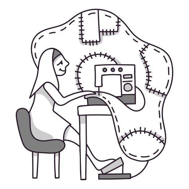 微笑的女人正在缝制一件抽象的织物图片下载