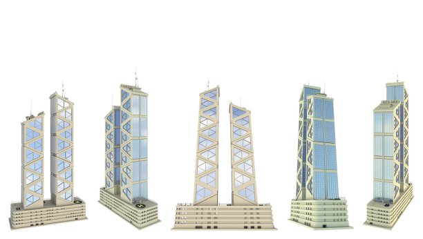 5个不同角度的视图渲染虚构的设计高科技摩天大楼的两个水晶塔天空反射-孤立的白色，3d插图的摩天大楼图片下载