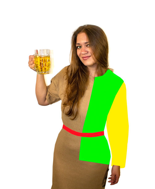 一个漂亮的年轻女孩与啤酒的趋势照片。最小的概念。图片下载