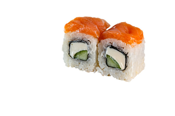 日本的寿司卷。三文鱼，米饭，鳄梨，黄瓜，费城，紫菜。为菜单。孤立。图片下载