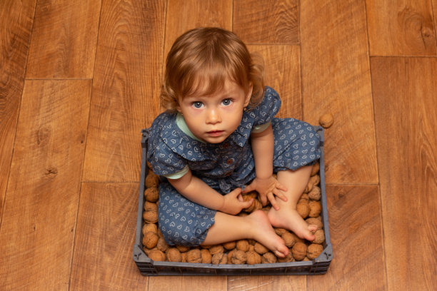 有趣的小女孩坐在地板上的一盒核桃里图片下载