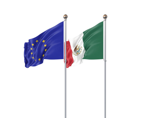 两个现实的旗帜。3D插图上的白色背景。欧盟vs墨西哥。欧盟和墨西哥的厚厚的彩色丝绸旗帜。图片下载
