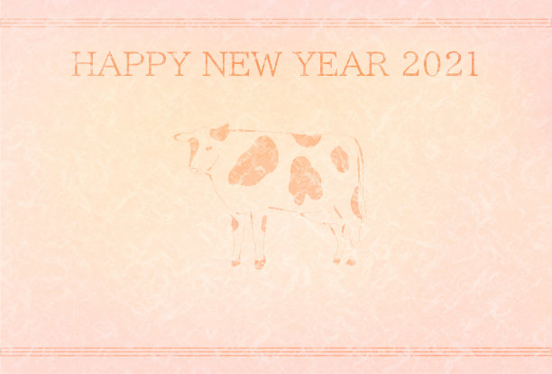 2021年新年贺卡线艺术牛和粉色日本纸图片下载