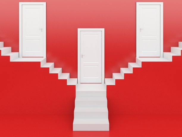 白色楼梯，白色门，红色背景，3d渲染图片下载