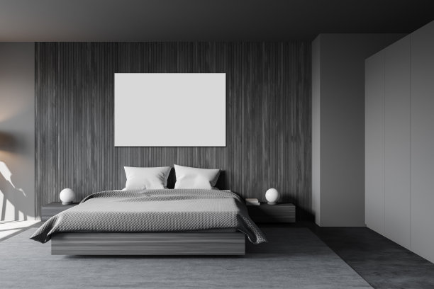 灰色和木制的卧室与海报图片下载