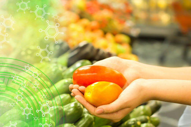 女手在超市挑选西红柿。健康食品的概念，生物，素食，饮食。图片下载