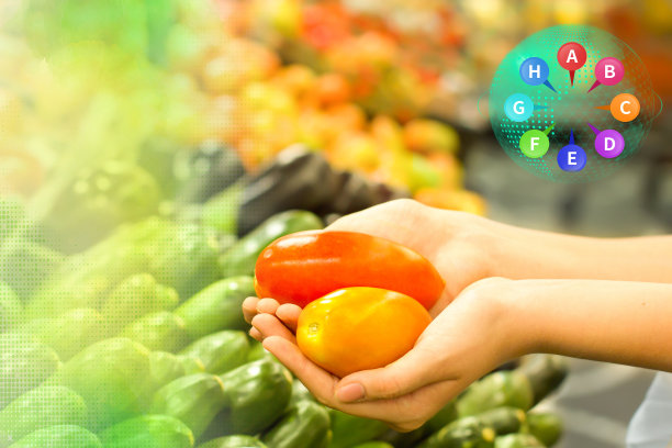 女手在超市挑选西红柿。健康食品的概念，生物，素食，饮食。图片下载