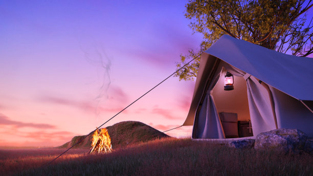 野营用火。晚上科学。帐篷下的大树在草地上，小山，山。三维渲染图片下载