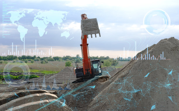 使用未来技术和人工技术，在没有人工干预的情况下管理施工设备和挖掘机的概念，消除错误，降低工作成本图片下载
