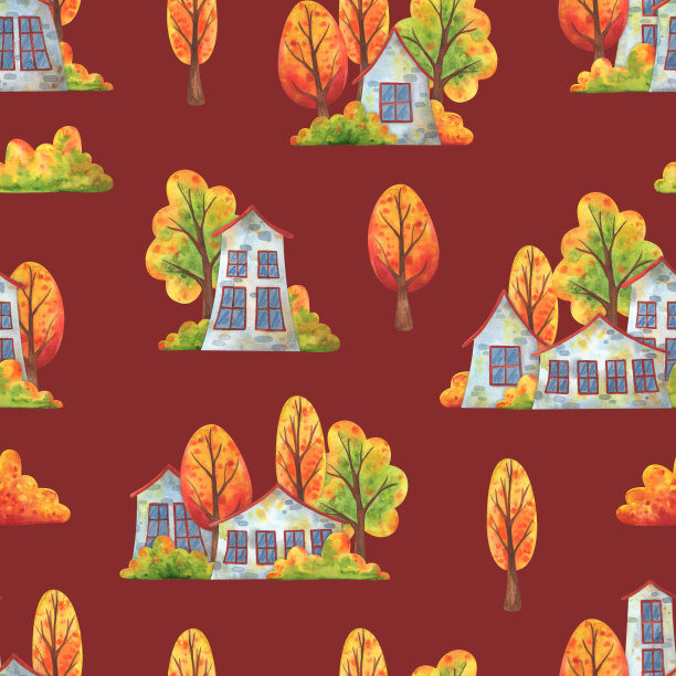 秋天城市的街道。栗色无缝模式的房子和倒下的树木。用于织物、纺织品和纸张的装饰印花。无尽的背景与儿童的水彩插图。股票的形象图片下载