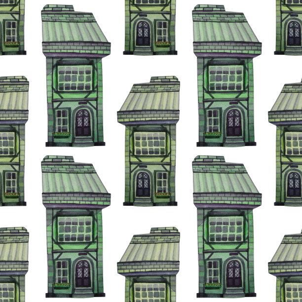 无缝模式水彩老木灰色房子与绿色的树在白色。艺术创意背景为卡片，墙纸，包装，笔记本，纺织品图片下载