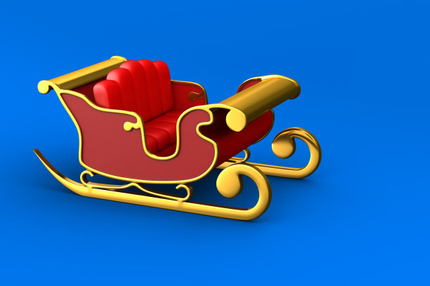 蓝色背景上的红色圣诞雪橇。孤立的3 d演示图片下载