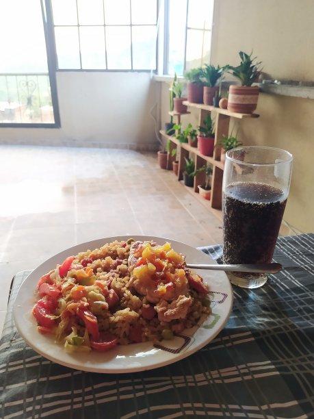 鸡胸肉和蔬菜混合饭，配以甜辣酱和菠萝图片下载