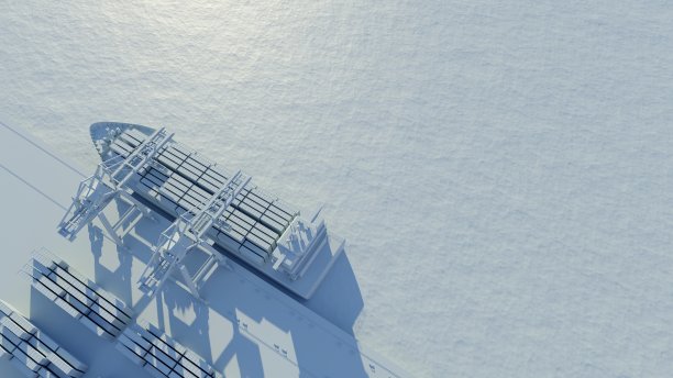 港口起重机在港口的货船上装载集装箱。升高的观点。数字3D渲染与白色材料。图片下载