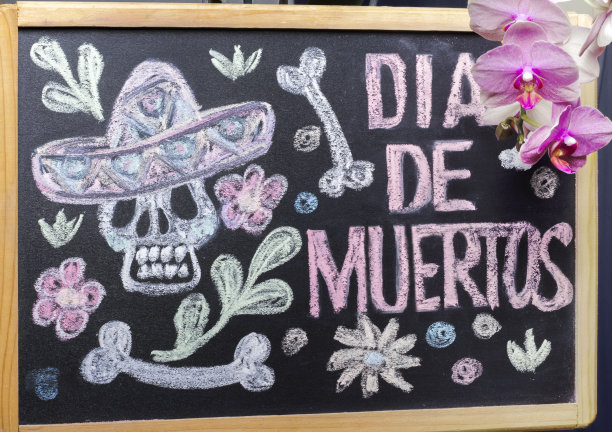 万圣节Dia De Los Muertos庆祝背景与绘制的头骨和兰花花图片下载