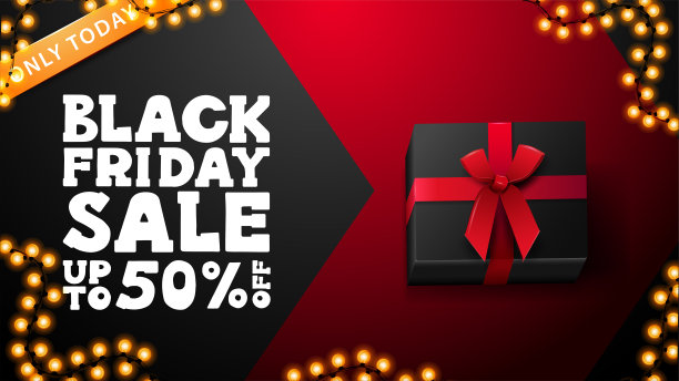 只有今天，黑色星期五大减价，高达50%，黑色和红色横幅与礼物盒，花环框架和大的白色标题。网站的折扣横幅图片下载
