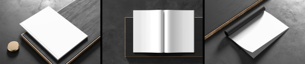 在黑暗的背景上模拟现实的杂志或目录。空白杂志模型渲染三种不同的变化。3 d演示。图片下载