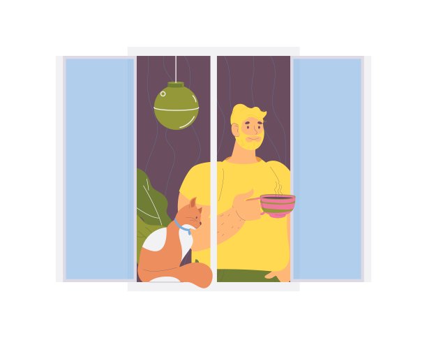 一个年轻人拿着猫和咖啡杯在窗户里看。孤立于白色场景图片下载