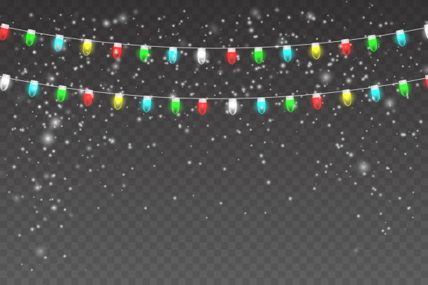 下雪的夜晚，戴着轻盈的花环。圣诞灯孤立在透明的背景。圣诞灯火辉煌。矢量插图EPS10图片下载