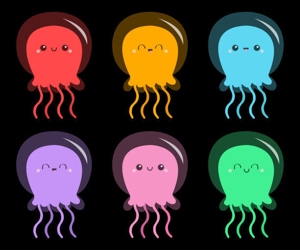 六个水母图标集。可爱的卡通卡哇伊有趣的婴儿角色。粉红色，绿色，蓝色，紫色。微笑的脸。海海洋动物。儿童t恤，笔记本封面印刷。黑色背景。平面设计。图片下载