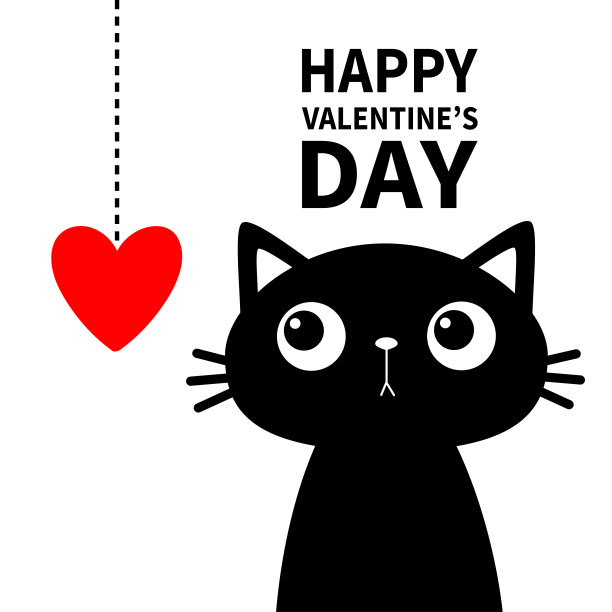 情人节快乐。可爱的小猫看着挂着的红心。黑色剪影贴纸印刷。卡通有趣的性格。可爱的宠物小动物。孩子们贺卡。平面设计。白色背景。图片下载