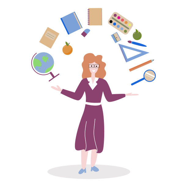 返校概念：女教师站立，双手放在身体两侧，上方是学校所需的物品图片下载